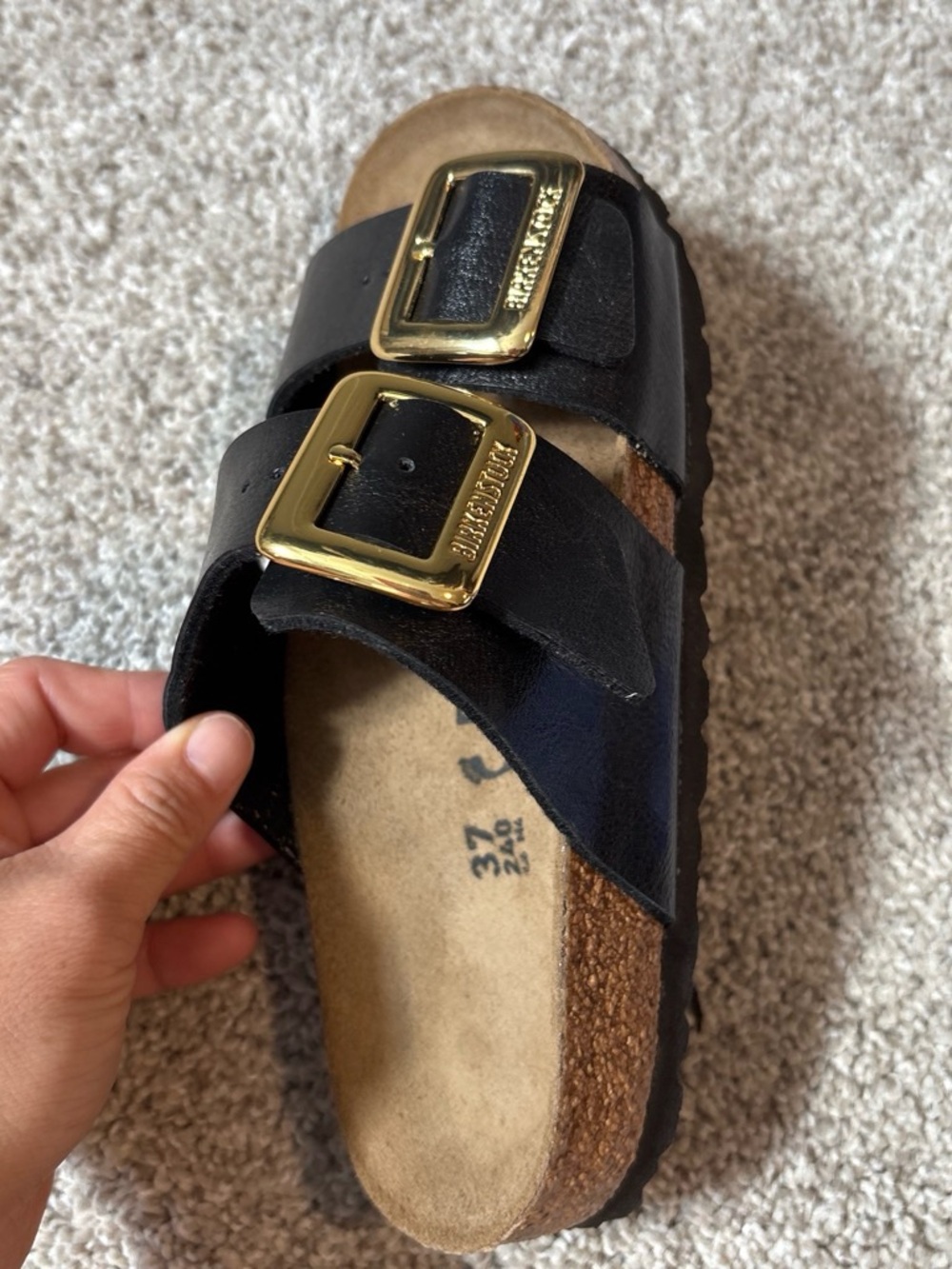 Birkenstock Sydney Gold Cushion Buckle Black Sandals - Picture 3 of 6